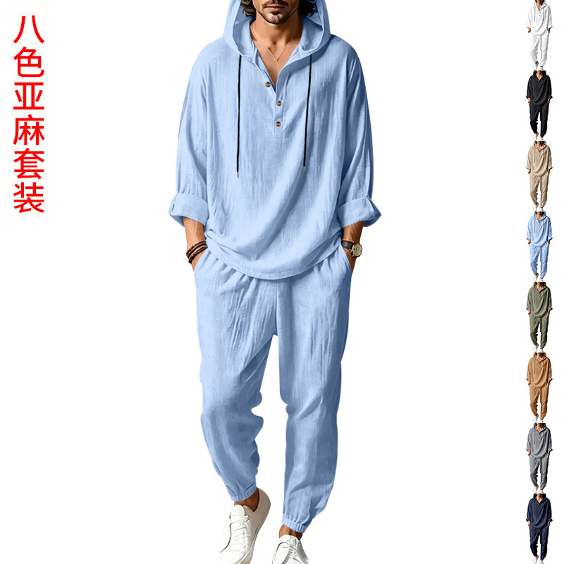 Short Linen Drawstring - Męski letni lniany zestaw 2-częściowy, bluzka